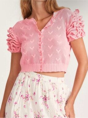 LOVESHACKFANCY preilla crop heart cardigan in pink soirée sz S cottagecore